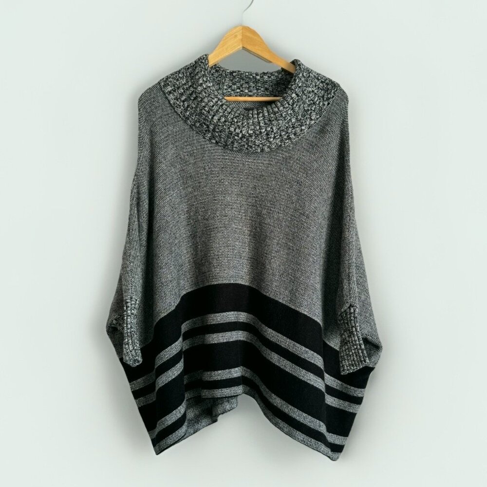 Maeve Anthropologie Womens Gray Black Poncho Sweater XS/S Cozy Cowl Neck Viscose - Picture 3 of 10
